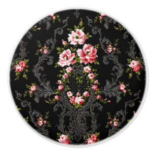 Elegant French Rococo Floral-Black Background Ceramic Knob