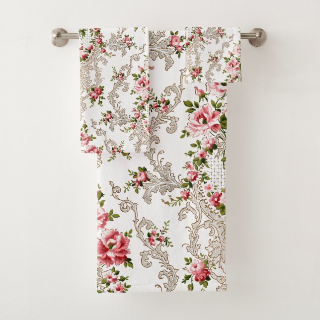 Elegant French Rococo Floral-White Background Bath Towel Set (Insitu)