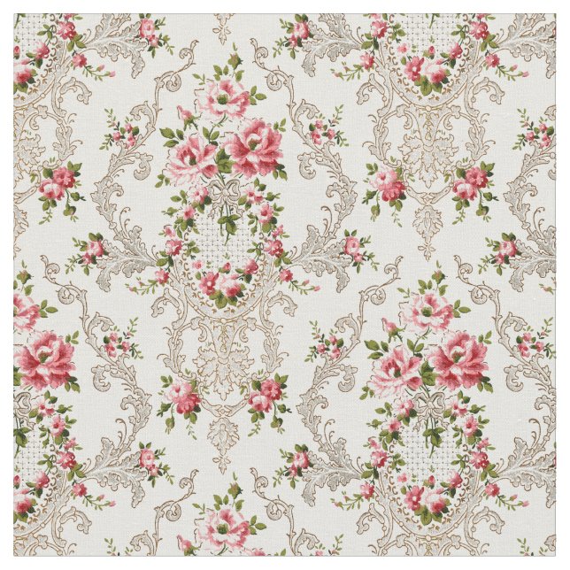 Elegant French Rococo Floral-White Background Fabric (Close Up)