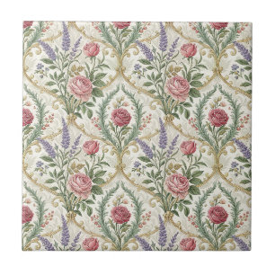 Elegant French Rose & Lavender Floral Pattern Art Tile