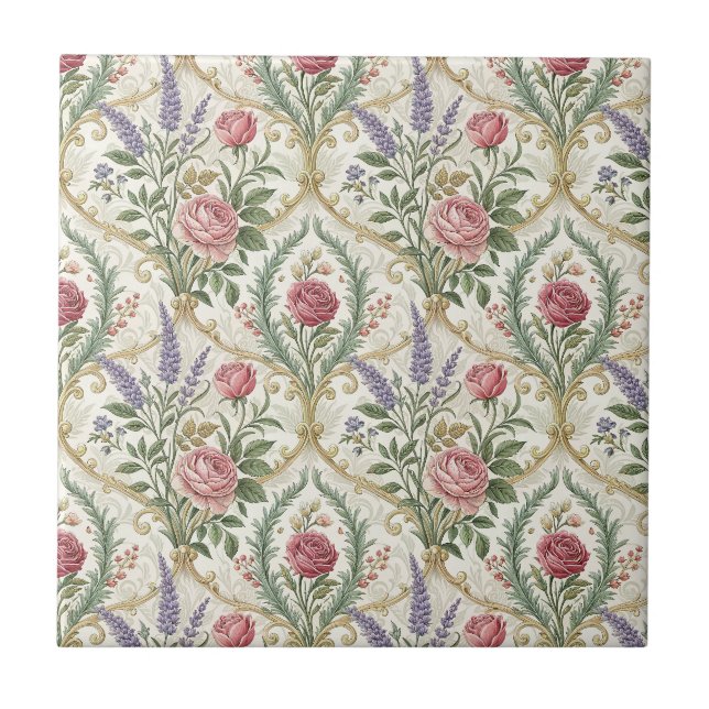 Elegant French Rose & Lavender Floral Pattern Art Tile (Front)