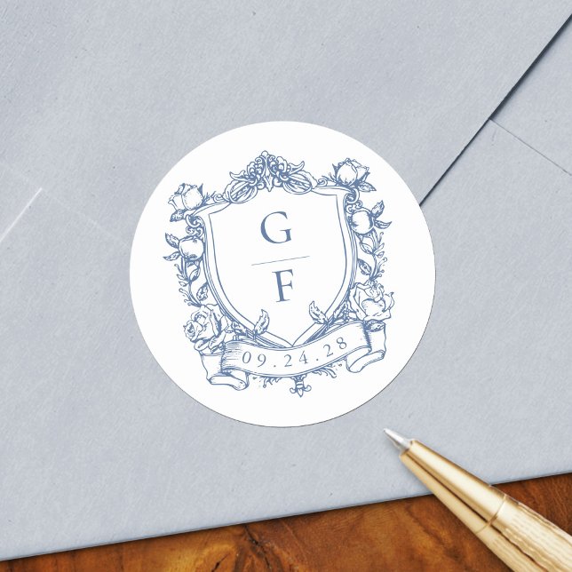 Elegant French Roses Blue Monogram Crest Wedding Classic Round Sticker (Creator Uploaded)