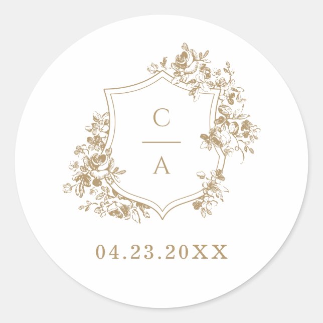 Elegant French Roses Botanical Crest Envelope Classic Round Sticker (Front)