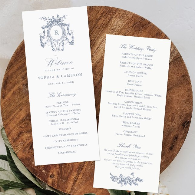 Elegant French Roses Crest Vintage Blue Wedding Program (Creator Uploaded)