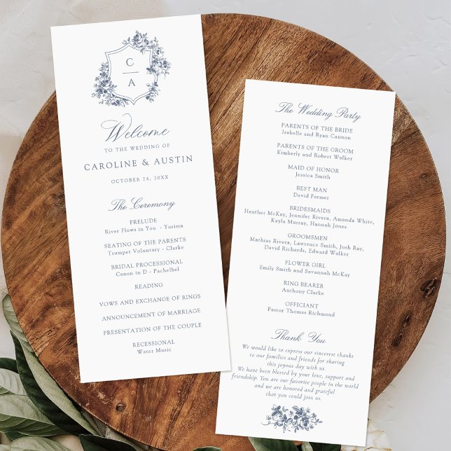 Elegant French Roses Dusty Blue Crest Wedding Program (Creator Uploaded)