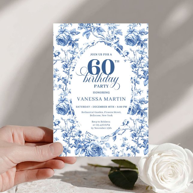 Elegant French Toile Blue Roses 60th Birthday   Invitation (Elegant French Toile Blue Roses 60th Birthday Invite)