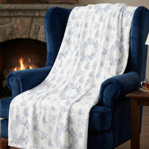 Elegant French Toile Blue White Fleece Blanket