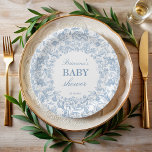 Elegant French toile chinoiserie blue baby shower Paper Plate<br><div class="desc">Elegant French toile chinoiserie baroque vintage garden botanical dusty blue baby shower monogrammed paper plates template personalized baby shower table decor customized dusty blue botanical paper plates personalized name plates printed paper plates boy baby shower tableware baby shower party supplies</div>