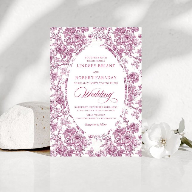 Elegant French Toile Rose Pattern Wedding Invite (Elegant French Toile Rose Pattern Wedding Invitation)