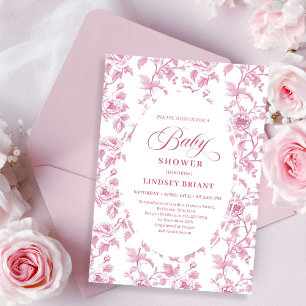 Elegant French Toile Roses Pink Baby Shower Invite