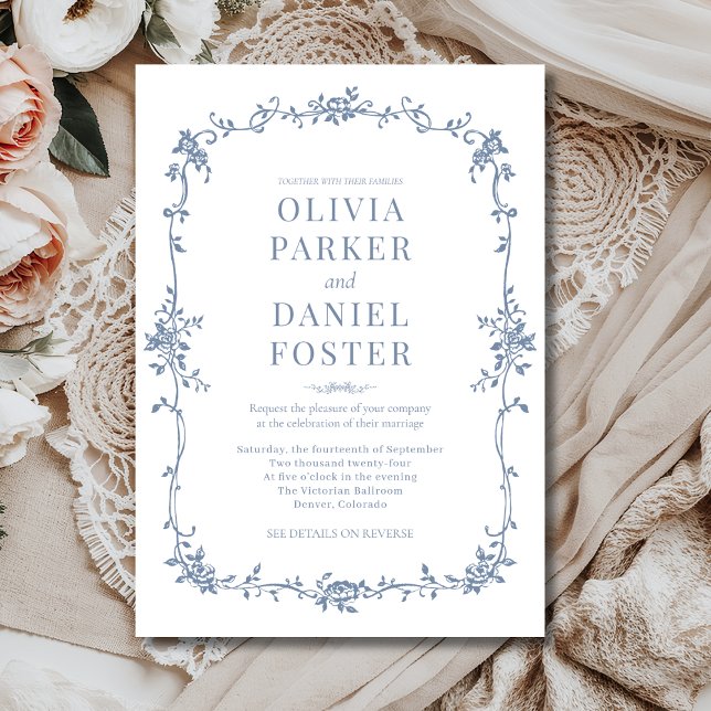 Elegant French Victorian Dusty Blue Wedding  Invitation (Creator Uploaded)