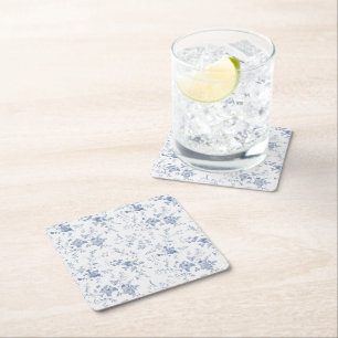 Elegant French Vintage Blue Floral Jouy Wedding Square Paper Coaster
