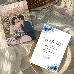 Elegant French Vintage Blue Floral Photo Wedding Save The Date