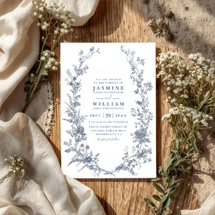 Elegant French Vintage Blue Floral QR Code Wedding Invitation