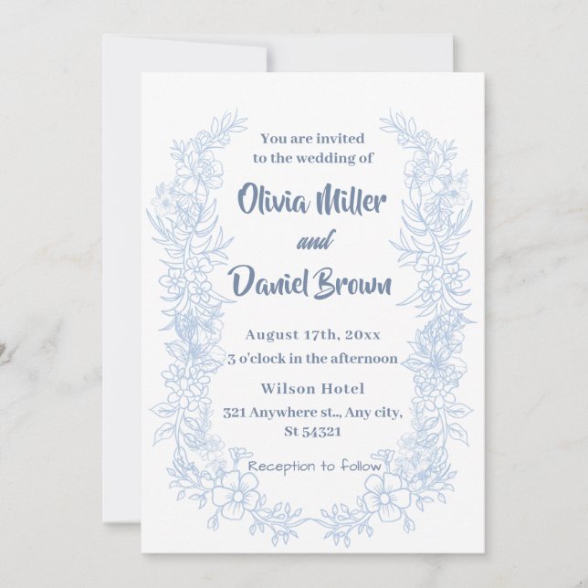 Elegant French Vintage Blue Floral Wedding Invitation (Front)