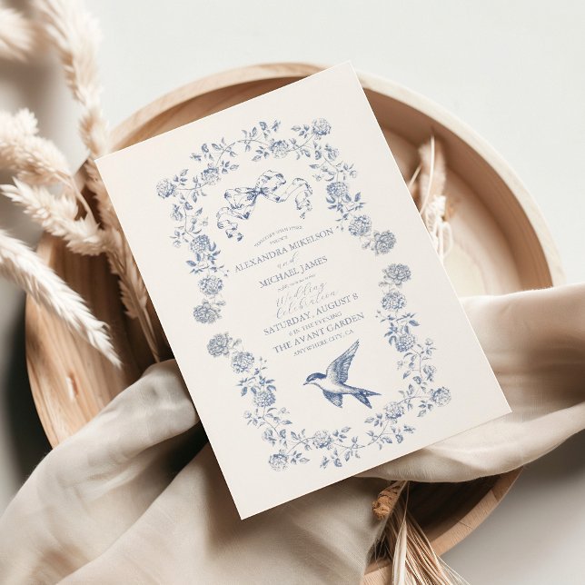 Elegant French Vintage Blue Floral Wedding Invitation (Creator Uploaded)
