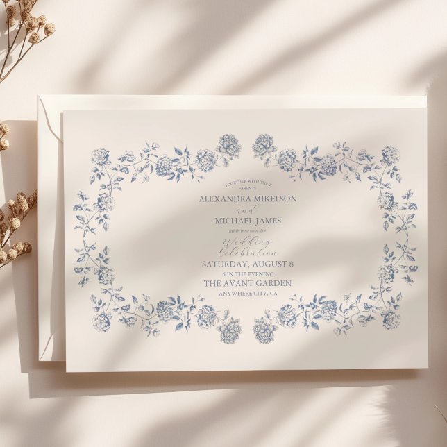 Elegant French Vintage Blue Floral Wedding Invitation (Creator Uploaded)