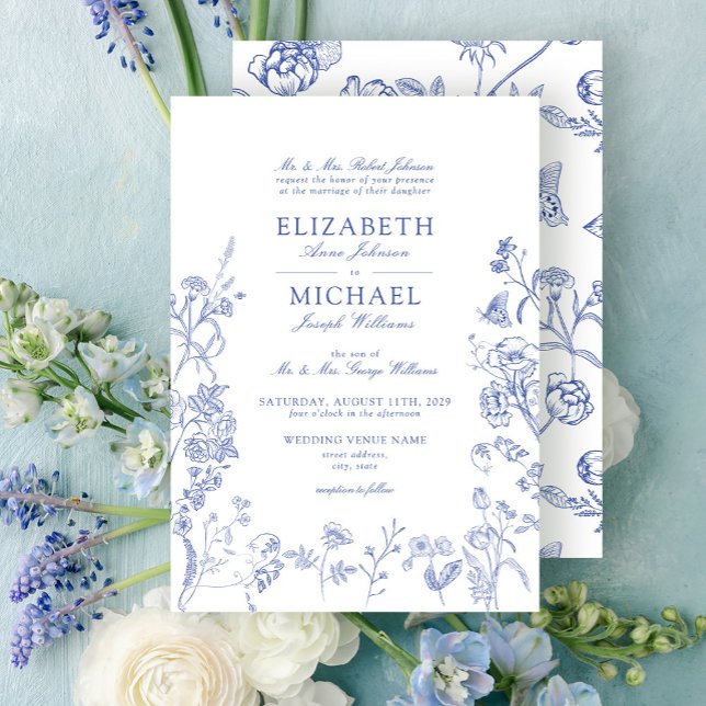 Elegant French Vintage Blue Floral Wedding Invitation (Creator Uploaded)