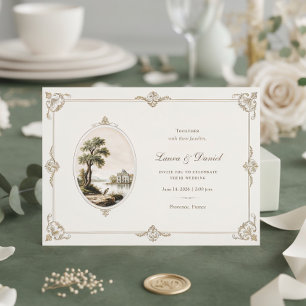 Elegant French Vintage Chateau Horizontal Wedding  Invitation