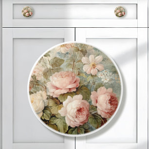 Elegant French Vintage Rose Floral Pink Decoupage Ceramic Knob