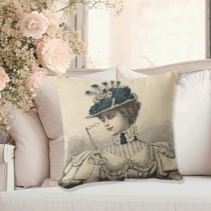 Elegant French Women in a Peacock Hat Vintage Throw Pillow