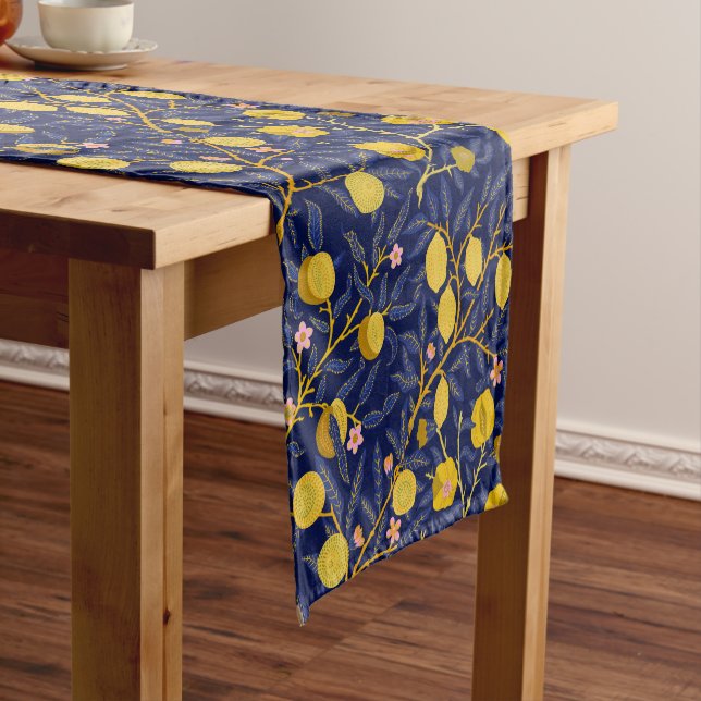 Elegant Fresh Blue Lemon vines pattern Short Table Runner (In Situ)