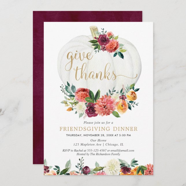 Elegant Friendsgiving Dinner rustic fall floral Invitation (Front/Back)