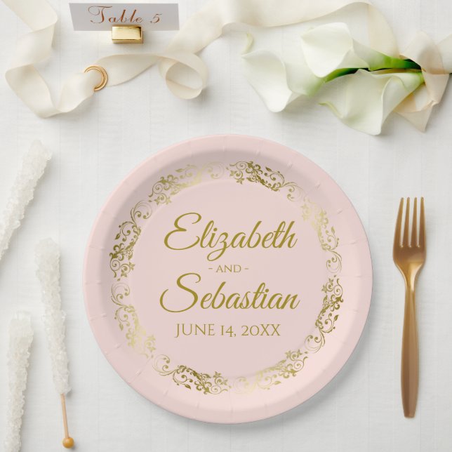 Elegant Frilly Border Blush Pink & Gold Wedding Paper Plate (Wedding)