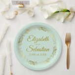 Elegant Frilly Border Mint Green & Gold Wedding Paper Plate<br><div class="desc">These beautiful pale mint green coloured paper plates feature a simple yet elegant design with an ornate faux foil gold floral border and space to enter the names of the couple and the wedding date. Fully customizable. Perfect for a bridal shower, casual reception, rehearsal dinner, or any other wedding related...</div>