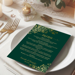 Elegant Frilly Gold Curls on Emerald Green Wedding Menu