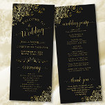 Elegant Frilly Ornate Black & Gold Wedding Program<br><div class="desc">This beautiful wedding program features an elegant design with gold text on a classic black background and lacy golden faux foil curls and swirls in the corners. The titles are written in fancy script calligraphy, and there is space for your ceremony and wedding party details, as well as a short...</div>
