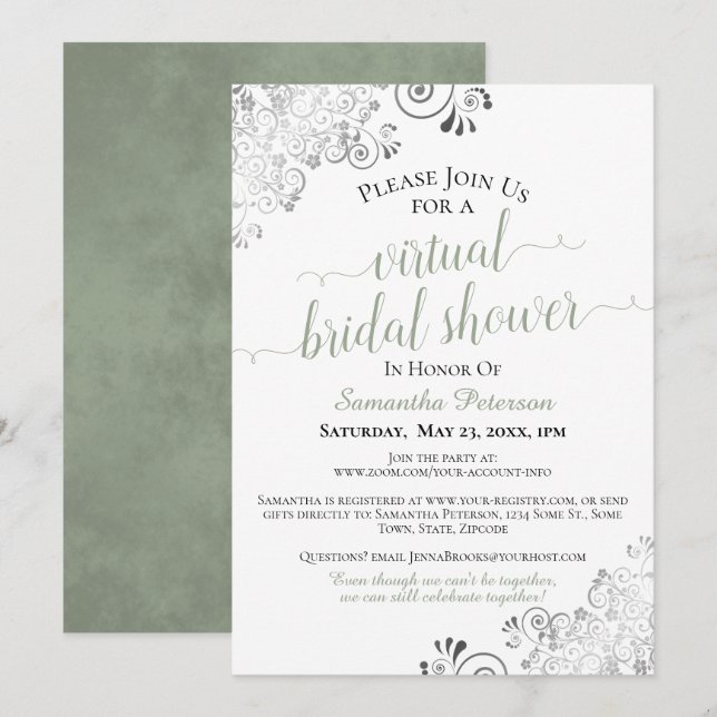 Elegant Frilly Sage on White Virtual Bridal Shower Invitation (Front/Back)
