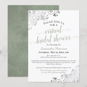 Elegant Frilly Sage on White Virtual Bridal Shower Invitation