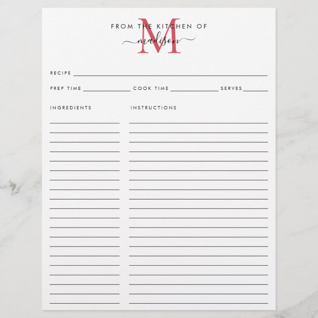 Elegant From the Kitchen of Red Monogram Recipe (Front)