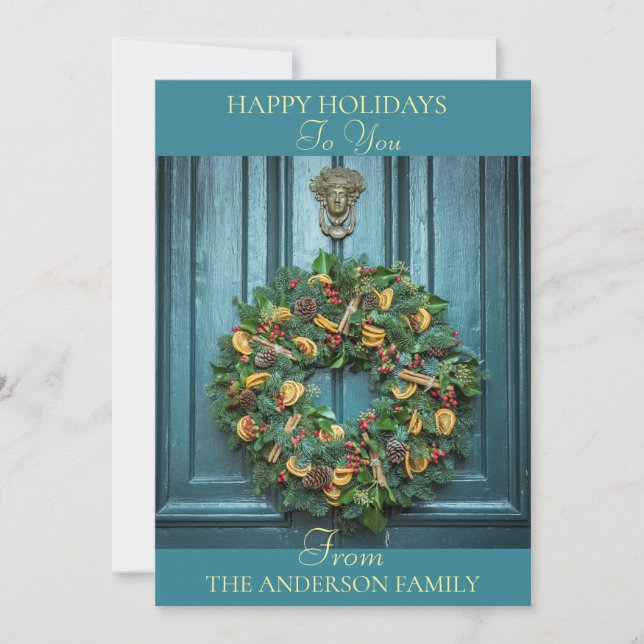 Elegant Front Door And Wreath Family Holiday Card (Front)