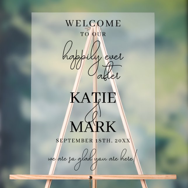 Elegant Frosted Calligraphy Happily Ever After Acrylic Sign (Neutral)