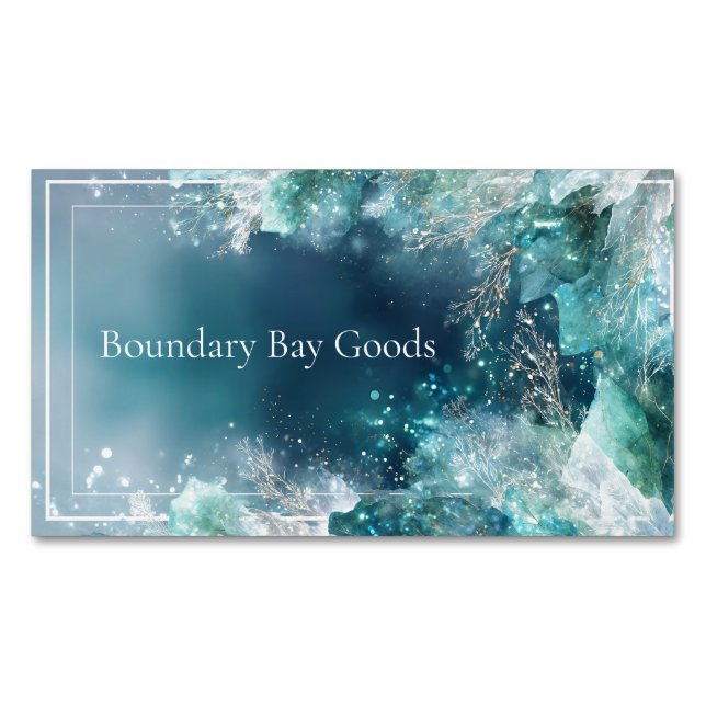 Elegant Frosted Teal and Gold Botanical Magnetic Business Card (Front)