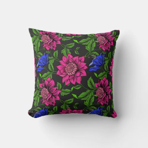 Elegant Fuchsia And Blue Flower Black Background Throw Pillow