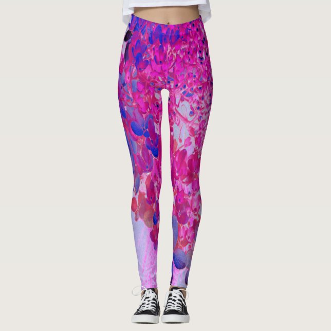 Elegant Fuchsia and Dark Blue Limelight Hydrangea Leggings (Front)