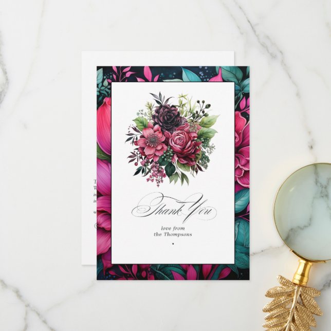 Elegant Fuchsia and Emerald Green Floral Bliss Thank You Card (Front/Back In Situ)