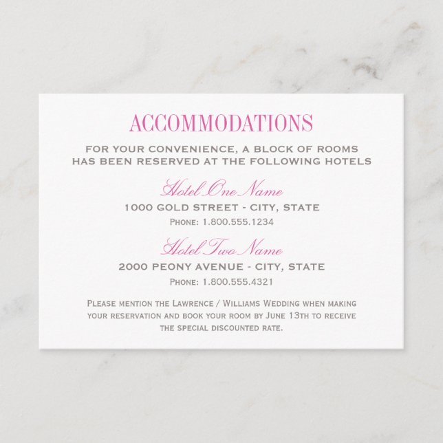 Elegant Fuchsia and Grey Wedding Accommodations Enclosure Card (Front)