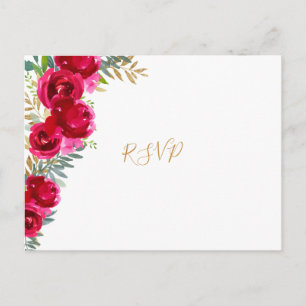 Elegant fuchsia floral gold wedding rsvp + entrees invitation postcard