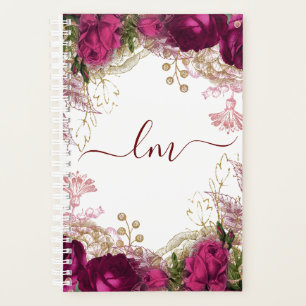 Élégant Fuchsia Gold Rose Floral Initial