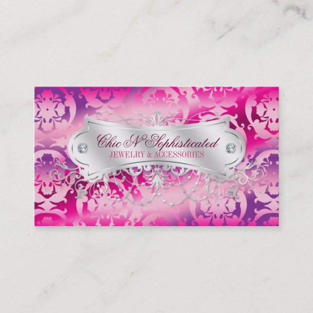 Elegant Fuchsia Lavender Damask Swirl Business Card (Front)