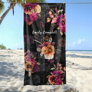 Elegant fuchsia orange floral monogram beach towel