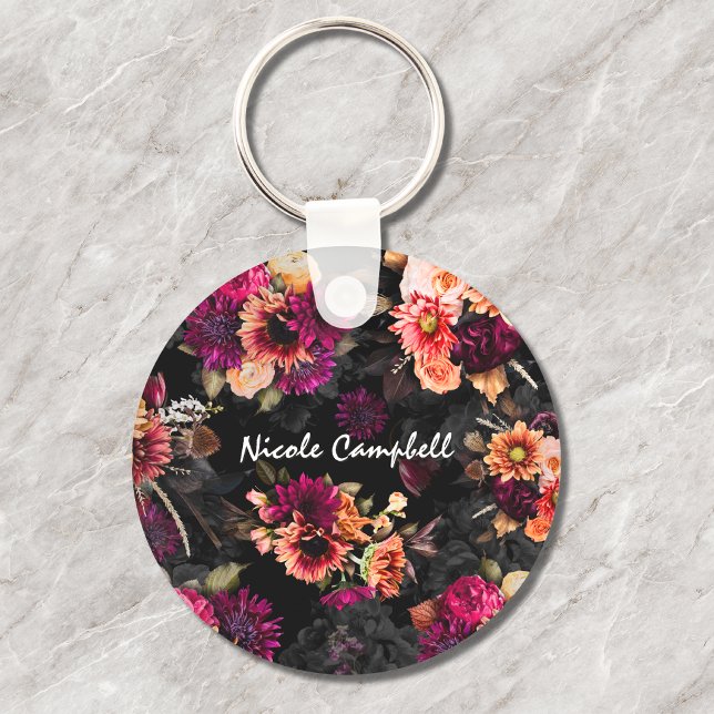 Elegant fuchsia orange floral monogram keychain (Creator Uploaded)