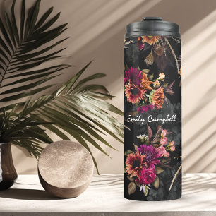 Elegant fuchsia orange floral monogram thermal tumbler
