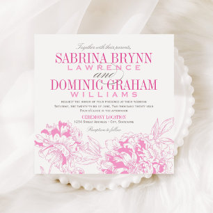 Elegant Fuchsia Pink and Gray Floral Peony Wedding Invitation