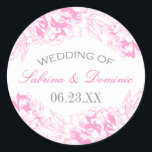 Elegant Fuchsia Pink and Grey Floral Peony Wedding Classic Round Sticker<br><div class="desc">Elegant and romantic round wedding favour sticker design features a border of peony flowers and colour scheme of fuchsia pink,  pewter grey,  and white. Personalize the custom text with a monogram of the bride and groom names and wedding date.</div>