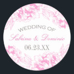 Elegant Fuchsia Pink and Grey Floral Peony Wedding Classic Round Sticker<br><div class="desc">Elegant and romantic round wedding favour sticker design features a border of peony flowers and colour scheme of fuchsia pink,  pewter grey,  and white. Personalize the custom text with a monogram of the bride and groom names and wedding date.</div>